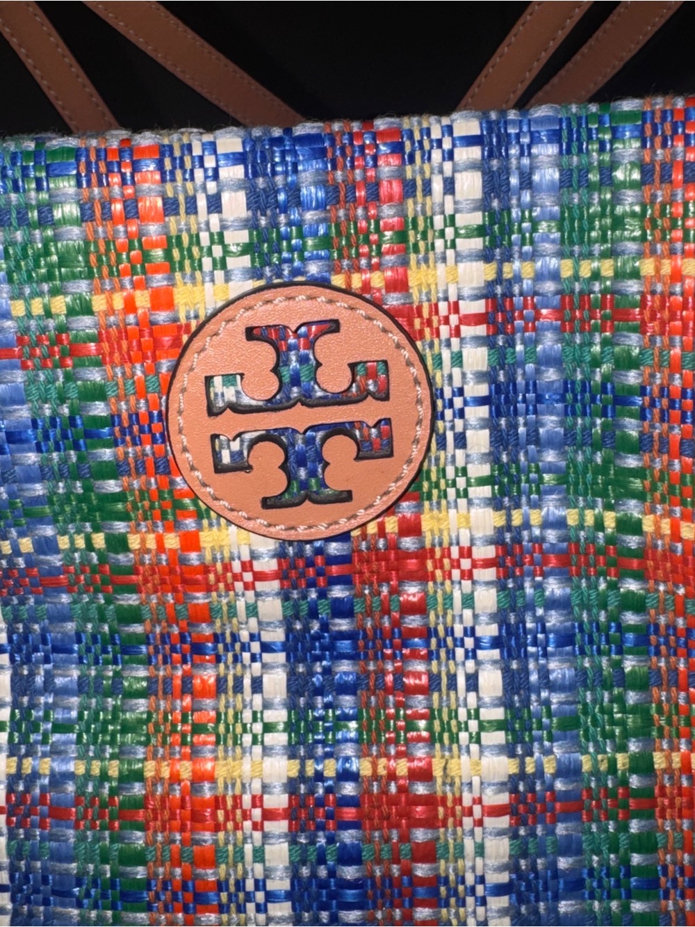 Tory Burch Multicolor Woven Plaid Tote with Tan Logo Patch